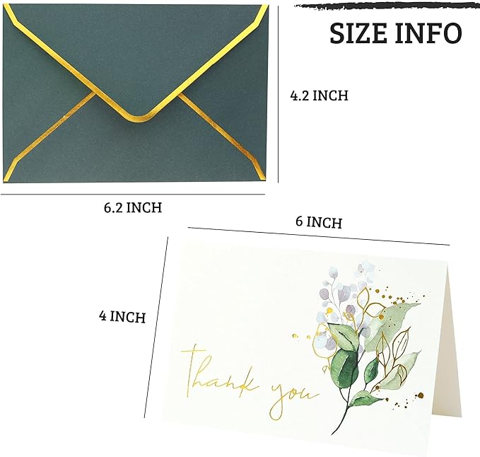 Heavy Duty Thank You Cards with Envelopes - 36 PK Gold Notes 4x6 Inches Baby Shower Wedding Small Business Graduation Funeral Bridal (Greenery)
