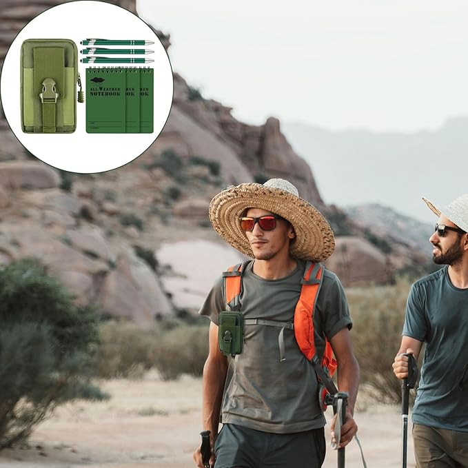 7 Piece Waterproof Notebook, 3 X 5 Inch Waterproof Notepad with Waterproof Weatherproof Pen and Waterproof Multi Functional Waist Pack for Outdoor Activities Recording (Army Green)