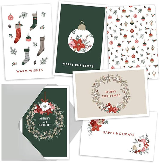 CARDAMONOLY Christmas Cards - Assorted Happy Holidays Cards Boxed with 24 Cards with Envelopes - 6 Designs Per Pack - Seasons Greetings Cards with Scandi Nordic Theme - Blank Xmas Cards
