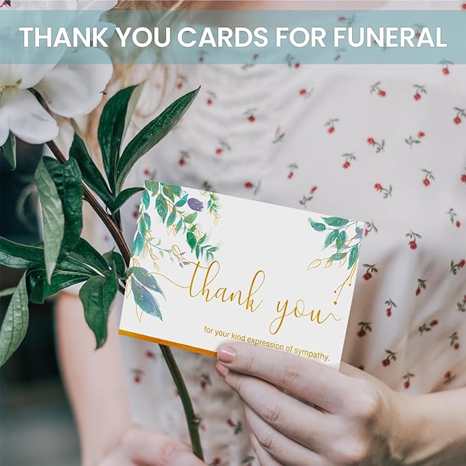50 Pack Funeral Thank You Cards with Envelopes & Stickers, Watercolor Thank You Sympathy Cards for Funeral with Meaningful Message, Bereavement Card for Memorial Service, Funeral