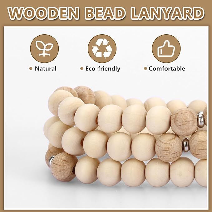 Teacher Lanyard with Id Holder, Cute Lanyards for Id Badges Keys, Retractable Natural Wooden Beaded Lanyard for Women