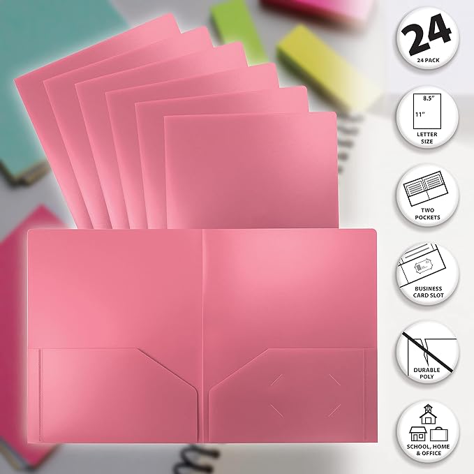 Better Office Products Heavyweight Plastic 2 Pocket Portfolio Folder, Letter Size Poly Folders, 24 Pack (Pink)