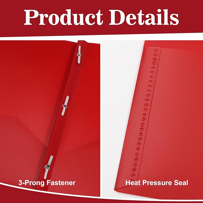 60-Pack Plastic Folders with Pockets and Prongs,2-Pocket Folders with 3 Fasteners, Poly Folders Holds 8-1/2" x 11" Paper for School/Office/Home, Red
