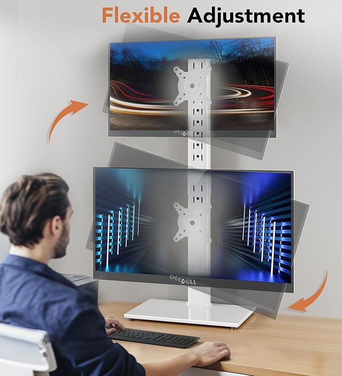 Dual Monitor Stand - Vertical Stack Screen Free-Standing Monitor Riser Fits Two 13 to 34 Inch Screen with Swivel, Tilt, Height Adjustable, Holds One (1) Screen up to 44Lbs HT05W-002 White