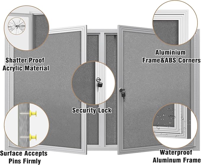 48"x30" Enclosed Bulletin Board, Outdoor Lockable Weather-Resistant Aluminum Cork Noticeboard for School & Office, Silver Frame w/Grey Flet