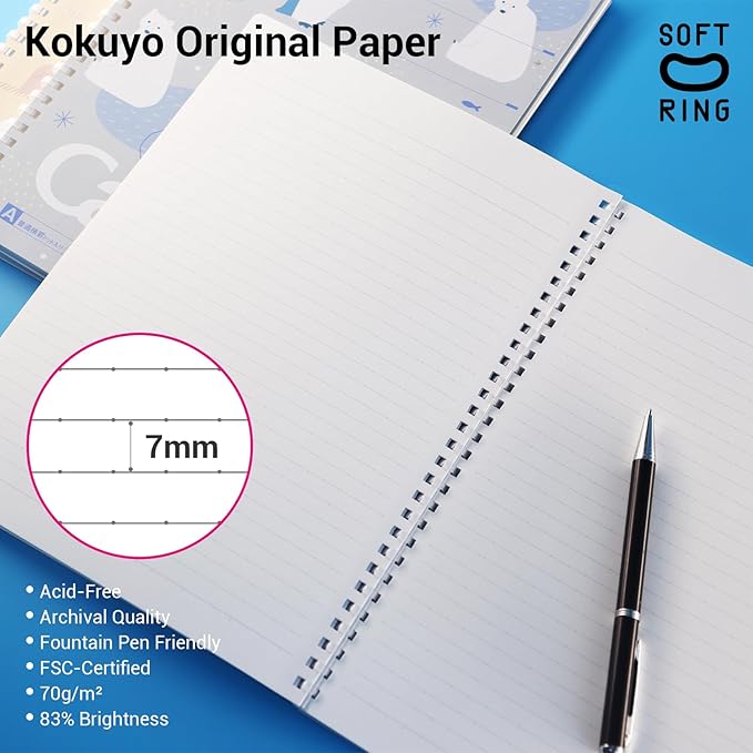 KOKUYO Spiral Notebook Journal, 3 Pack Campus B5 Soft Ring Notebooks with Dotted A 7mm Rule, 40 Sheets, Cute Animal 1 Subject Notebook in Blue Yellow Green, College Office Note Taking. Japan Import