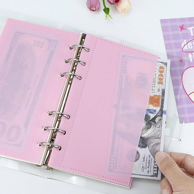 A6 Binder Pockets with No Zipper, Koqye Blue 10 Pcs Plastic Zipless Budget Envelopes, Two Pockets Frosted Cash Envelopes Money Bag for Budgeting, Cash Stuffing (Pink-2set)