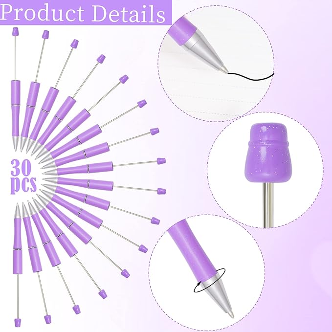 jiebor 30Pcs Purple Beadable Pens Plastic Bead Pen Black Ink Ballpoint Pens Diy Pens Cute Cool Pens for Students Teacher Bridal Graduation Gift Office School Supplies