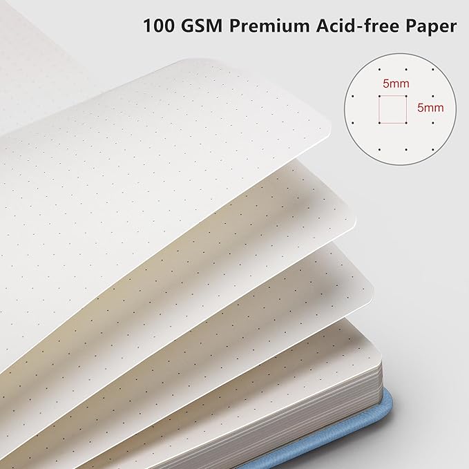 RETTACY Bullet Dotted Journal, A5 Dotted Notebook Journal with 192 Pages, 5.7'' × 8.3'', Medium Size, 100 GSM Thick Paper, Leather Hardcover, Bullet Journaling, Planning (Light Blue)