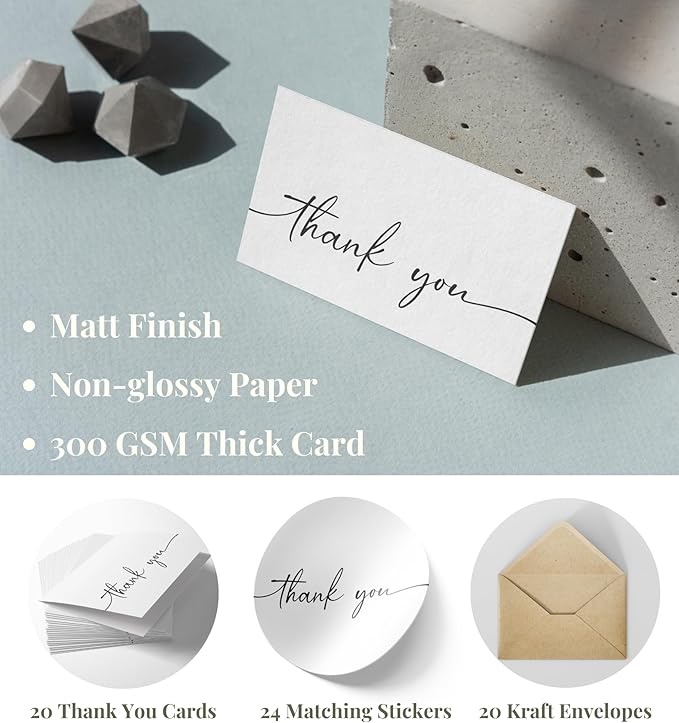 Bulk Pack of 20 Thank You Cards with Kraft Envelopes and Matching Stickers | Classy Designs 4x6 Inches Modern & Minimalistic Design | Suitable for Business, Baby Shower, Wedding, Small Business,