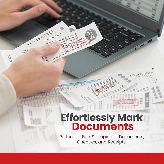 Promot Deposited Self Inking Rubber Stamp - Refillable Office Stamps - Business, Bookkeeping, Ordering, Accounting, Work, Deposit Stamper - Red Ink