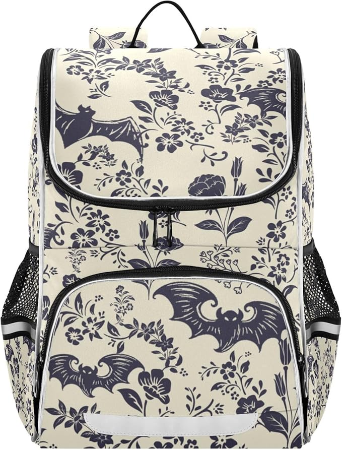 Goth Bat Flowers Backpack with Reflective Strip for Kids Boys Girls Elementary School Bag Removable Chest Strap