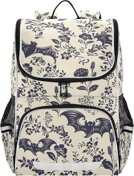 Goth Bat Flowers Backpack with Reflective Strip for Kids Boys Girls Elementary School Bag Removable Chest Strap