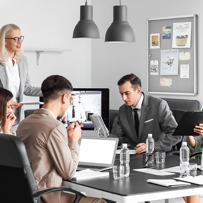 Geetery Enclosed Fabric Bulletin Board Tamperproof Lockable Noticeboard Fabric&Aluminium Frame Display Cases Wall-Mounted Display Case for School, Office - Secure,Durable Design(36 x 24 Inch,Gray)