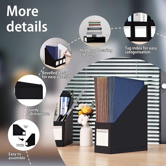 Magazine File Holder( 4Pack,Black) Paperboard Book Organizer- Desk Magazine File Organizer for Home, Office, Classroom-Storage Box for Dounments with Label Stickers.