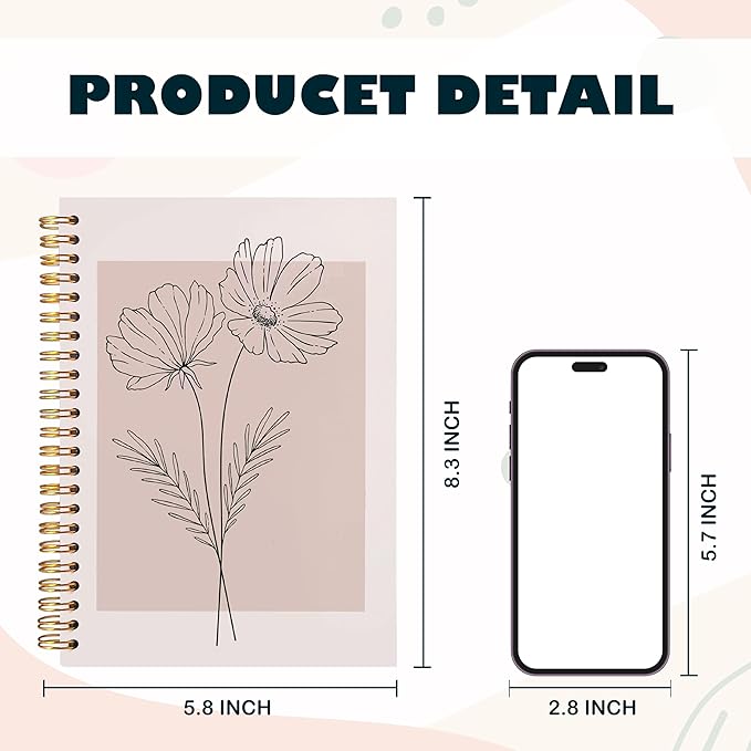 BearCake Pink Aesthetic Notebook Journal for Women, Minimalist Boho Floral Notebook, Pink Aesthetic Office Supplies, Pink Hardcover Spiral Journal Notebook 5.5x8.3