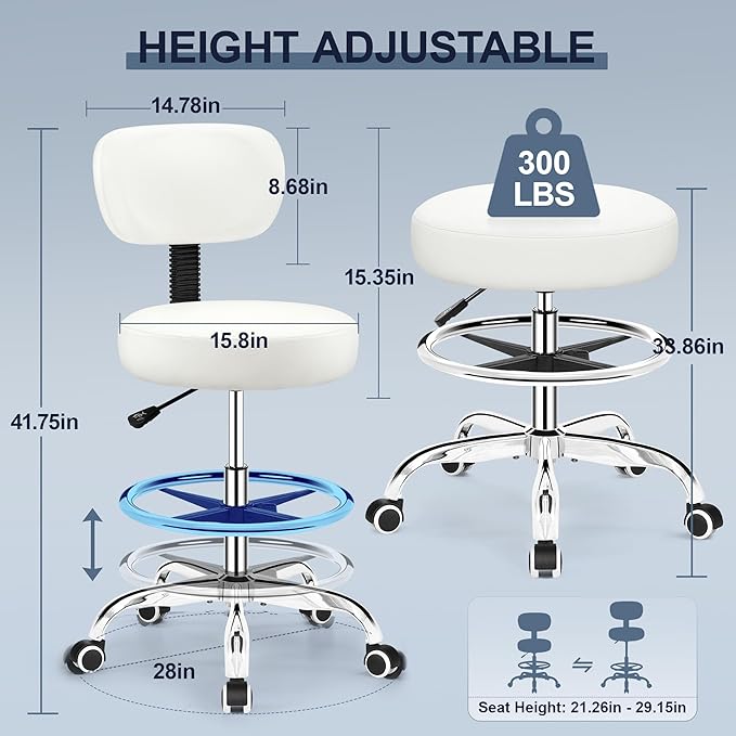Drafting Chair with Backrest – Adjustable Foot Rest Rolling Stool with Wheels, PU Leather Swivel Stool for Office Spa Studio Lab Counter Salon Home Work Bar Kitchen Shop(White)