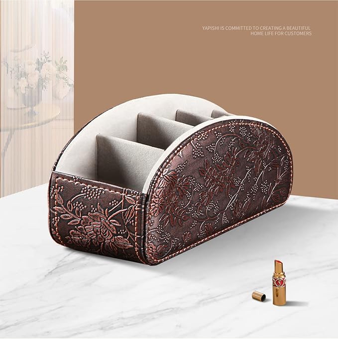 TV Remote Control Holder with 5 Compartments,Pu Leather Remote Caddy/Box/Tray Nightstand Desktop Storage Organizer Store DVD,Blu-Ray,Media Player,Heater Controllers, Makeup Office Supplies