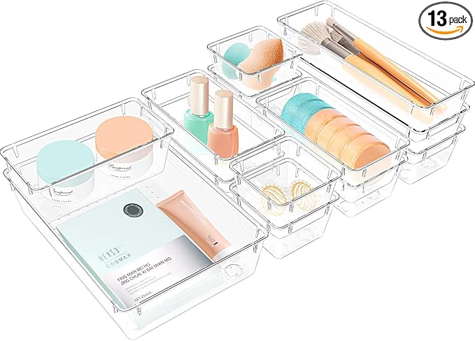 13 PCS Clear Plastic Drawer Organizers Set, 4 Size Desk Drawer Organizer Trays for Makeup, Jewelry, Kitchen Utensils, Gadgets and Office Accessories