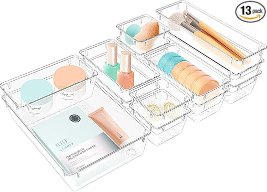 13 PCS Clear Plastic Drawer Organizers Set, 4 Size Desk Drawer Organizer Trays for Makeup, Jewelry, Kitchen Utensils, Gadgets and Office Accessories