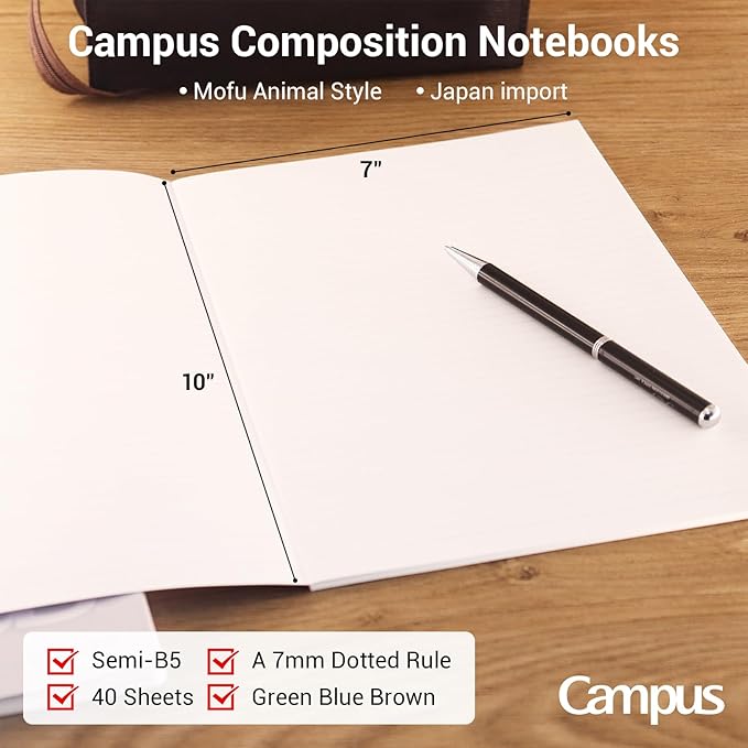 KOKUYO Composition Notebooks, 3 Pack Campus B5 Comp Book with Dotted A 7mm Rule, 40 Sheets, School Lined Notebook in Blue Green Yellow, Cute Journal for Women Girls Work Study Note Taking Japan Import