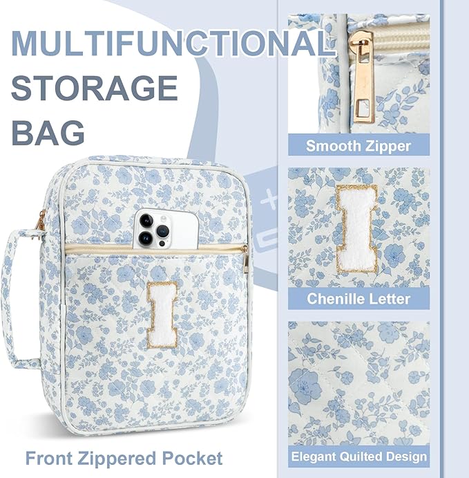 Personalized Initial Bible Cover Case for Women Girls Kid - Large Quilted Bible Case with Handle, Stylish Chenille Letter Bag Study Supplies, Perfect Christmas Gifts for Christians (Blue Flower-I)