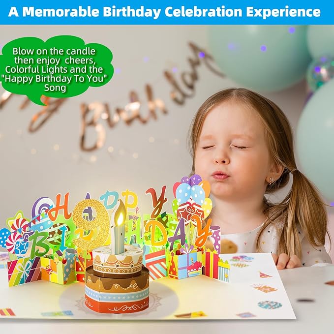 Gumry 9TH Musical Birthday PopUp Card, Blowable Colorful Light Candle 3D Cards with Song, Applause Cheers Sound, Greeting Cards Birthday Gifts Decorations for Daughter Son Turning 9 Years Old