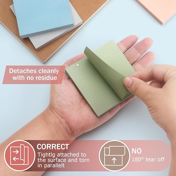 Sticky Notes 8 Vintage Colors 3x3in, Self-Stick Notes Pads with Easy to Post for School, Home, Office, 8 Pads/Pack, 80 Sheets/Pad