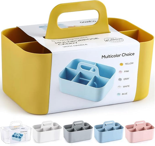 Multiuse Caddy Organizer w/ Handle - Stackable Plastic Tote Bin - Art Craft Supplies, Office, Desk, Stationery Pen Holder, Kitchen, Utensil, Makeup, Bathroom, Shower, Cleaning, Dorm Organizer - Yellow