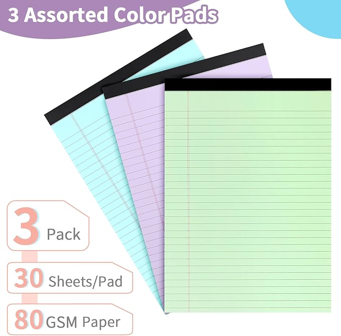 Colored Legal Pads, 3 Pack Writing Pads 8.5 x 11 inch, Micro Perforated Notebooks with Sturdy Back, Wide Ruled, 30 Sheets Per Writing Pad for School, College, Office, Professional (Blue/ Purple/Green)