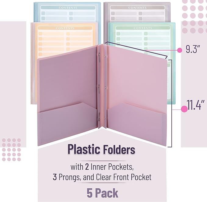 Mr. Pen- Plastic Folders with Clear Front Pocket, 5 pcs, Pastel Colors, File Folders with Fasteners for Documents