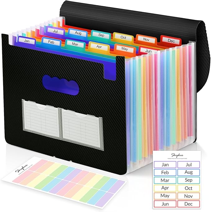 SKYDUE Accordion File Organizer, 12 Pockets File Folders, Letter Size Expanding File Folder with Colored Tabs and Expandable Cover, Portable Bill Receipt Organizer Black