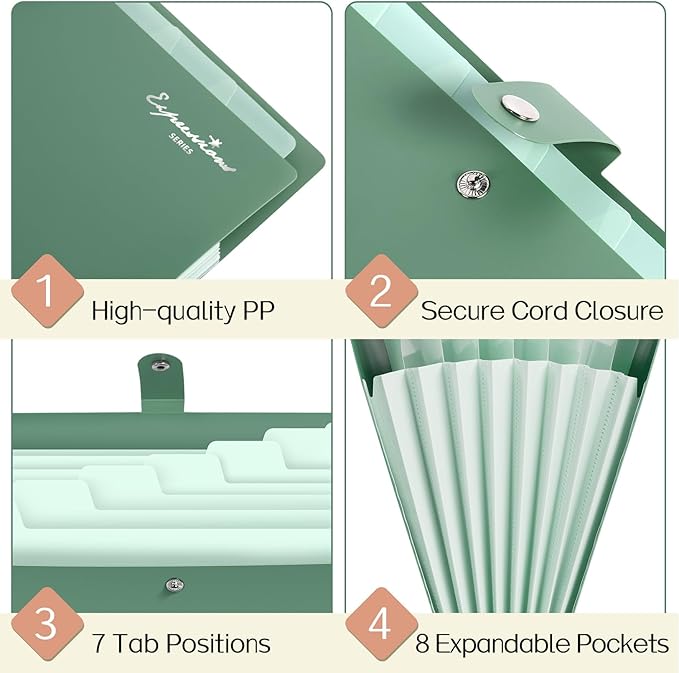 Sooez Elegant Accordion File Organizer with Labels, 8 Pocket Expanding File Folder, Portable Folders for Documents, Cute Paper Organizer for School Office Supplies, Letter Size, Light Green