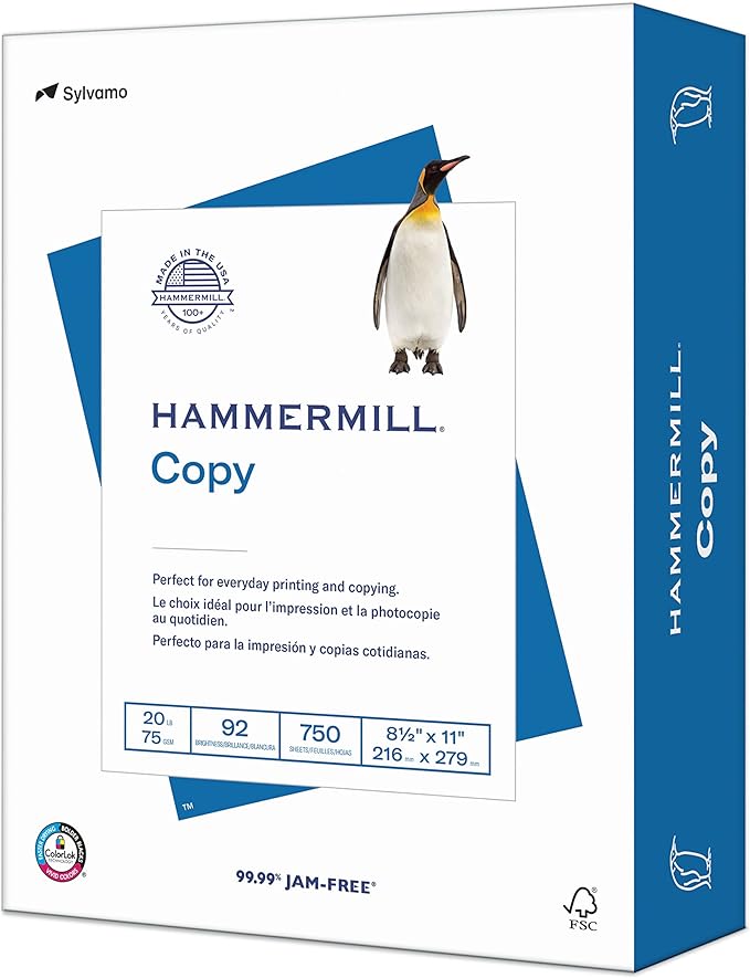 Hammermill Printer Paper, 20 lb Copy Paper, 8.5 x 11 - 1 Bulk Pack (750 Sheets) - 92 Bright, Made in the USA