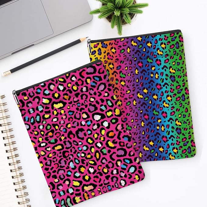 2 Pack Rainbow Leopard Print Book Sleeve, Books Protector，Books Pouch， Book Lovers Gifts，Bookish Gifts Waterproof Cover with Zipper，Leopard Decor Gift Bag for Women Manager Christmas Birthday