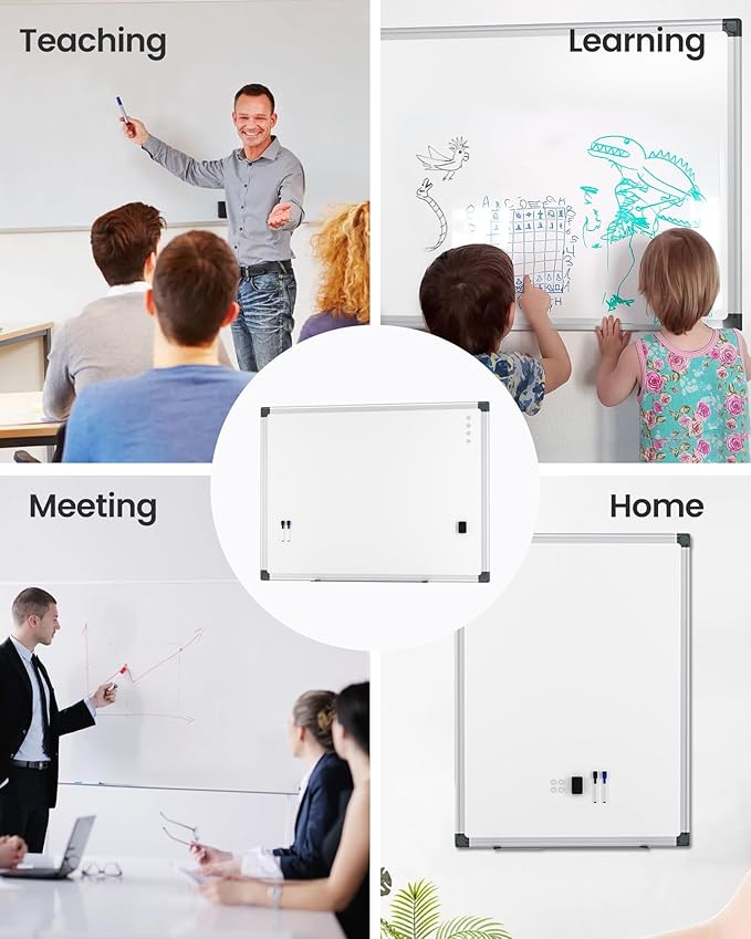 VUSIGN 12PCS Magnetic White Board Hanging 36" x 48" for Office, Class, Home, Sliver Aluminum Frame, 12 Dry-Erase Eraser, 24 Multicolor Marker, 48 Magnetic Pins
