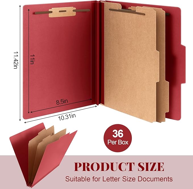 36 Pcs Classification Folders Bulk 2 Dividers File Folder with Fastener 2 Prongs Letter Size Pressboard Filefolders with 3.5 Inch Expansion for Organize Office Medical Document (Dark Red)