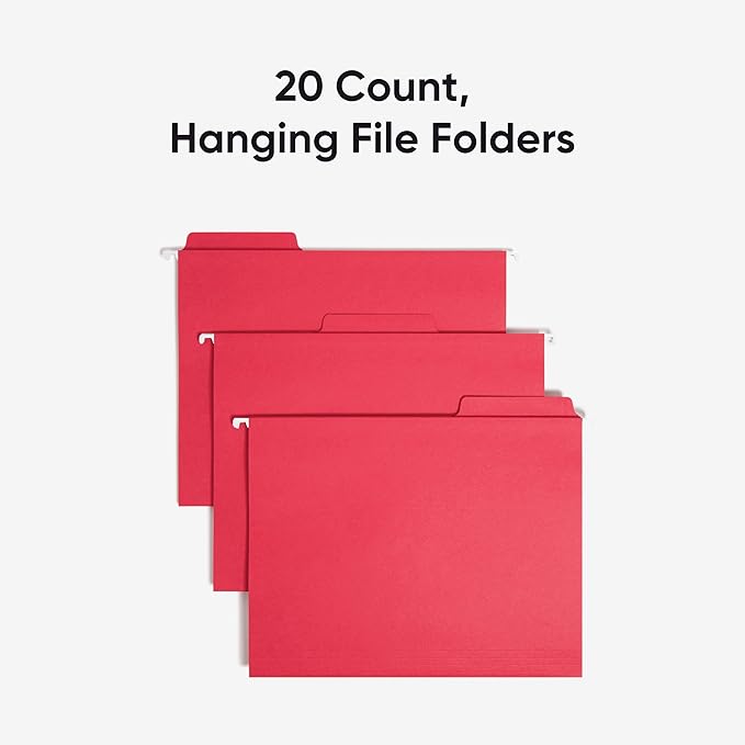Smead FasTab Hanging File Folder, 1/3-Cut Built-in Tab, Letter Size, Red, 20 per Box (64096) (Pack of 1)