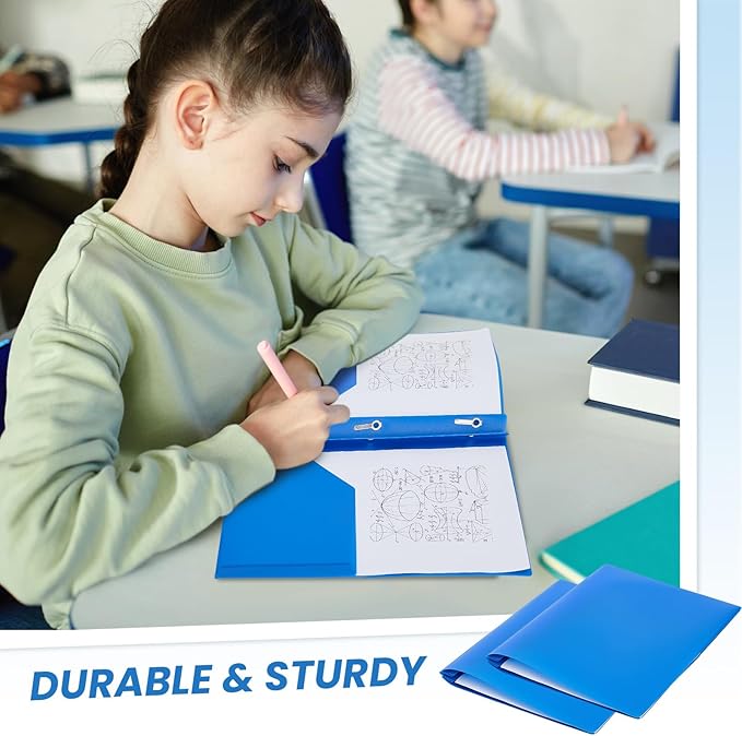 Yeaqee 60 Pcs Plastic Folders with Pockets and Prong Plastic Folders with 2 Pockets Pocket for Office, School for Students, Teachers, Office Workers (Blue)