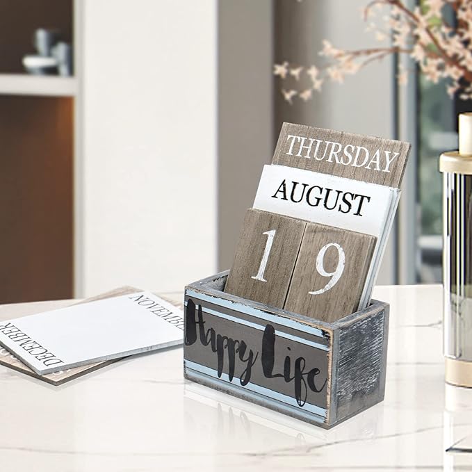 Notakia Perpetual Calendar Wooden Calendar Blocks Vintage Wood Block Calendar for Home Office Desk Accessories Week Month Date Display (Happy Life)