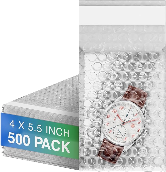 Clear Bubble Out Bags, 4 x 5.5 Inches. 500 Pack Self Seal Bubble Pouches. Polyethylene Clear Bubble Bags for Packing. Waterproof Clear Bubble Out Pouches for Fragile Things