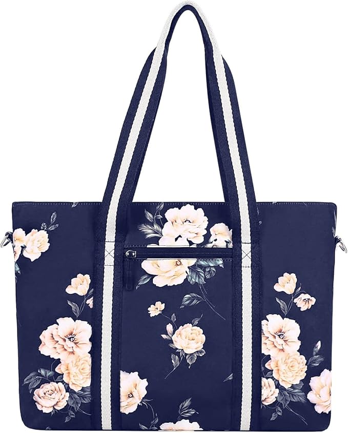 MOSISO Laptop Tote Bag for Women (17-17.3 inch), Canvas Camellia Multifunctional Work Travel Shopping Duffel Carrying Shoulder Handbag, Blue