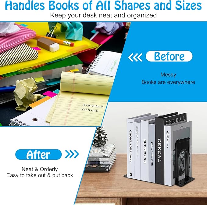 14 PCS/7 Pair Bookends,Book Ends for Shelves,Metal Bookends,Heavy Duty Bookends,Black Book Ends,Non-Skid Bookend,Universal Book Stopper for Heavy Books/Movies/CDs,Office Home,6.5 x 4.9 x 5.7in