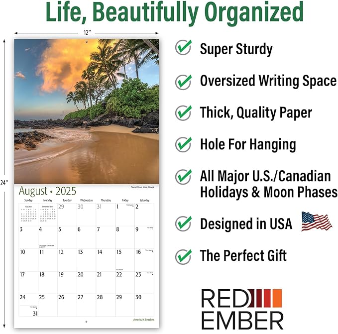 RED EMBER America's Beaches 2025 Wall Calendar 12 Month | 12" x 24" Open | Thick & Sturdy Paper | Giftable | Calendar 2025