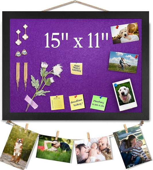 Bulletin Boards Cork Board with Felt, 15"x11" Small Display Pin Board Vision Board for Walls, Jewelry, Notes, Collection, Photos, Office, Wood Framed(Black) & Felt(Purple), 1pc