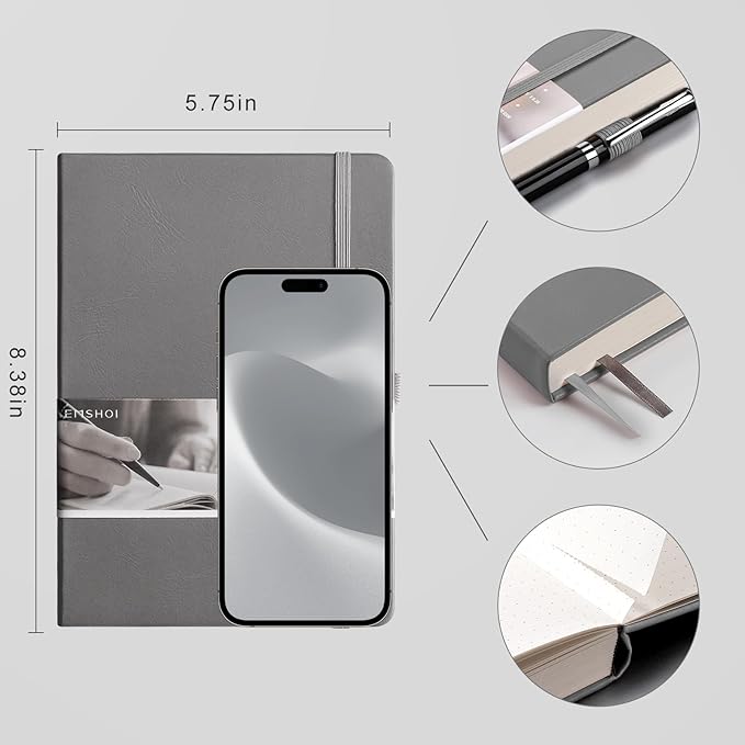 EMSHOI Dotted Notebook - 256 Pages A5 Dot Grid Journal Bullet Notebook with 120gsm Thick Dotted Paper,16 Perforated Pages, Hardcover Leather, Pen Holder, Inner Pocket, 5.75'' × 8.38''-Dark Grey