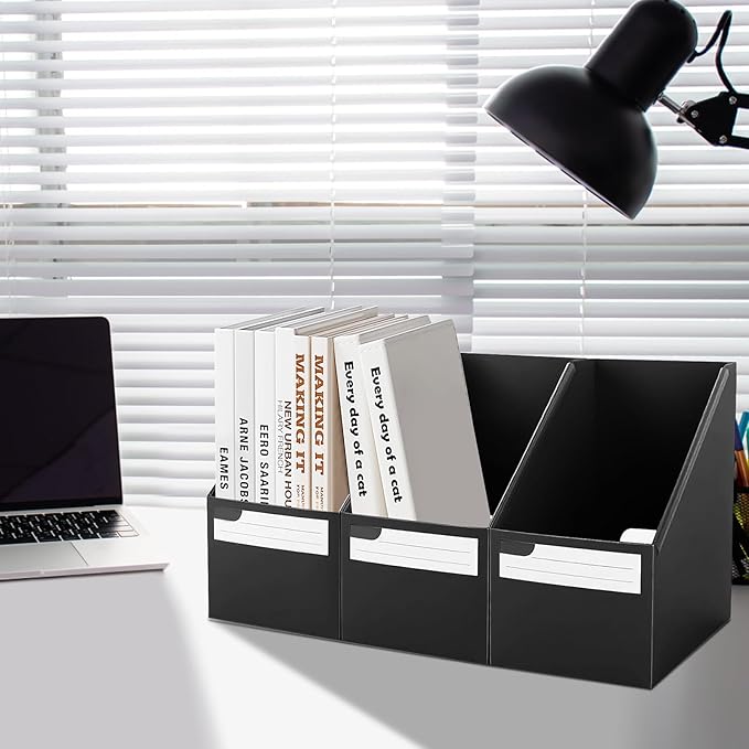 SAYEEC Black Plastic Magazine File Holder, 3 Pack Foldable Folder Holder with Labels, Vertical File Paper Organizer Magazine Storage Box Rack Book Bins for Desk, Shelves, Classroom, Office, Home