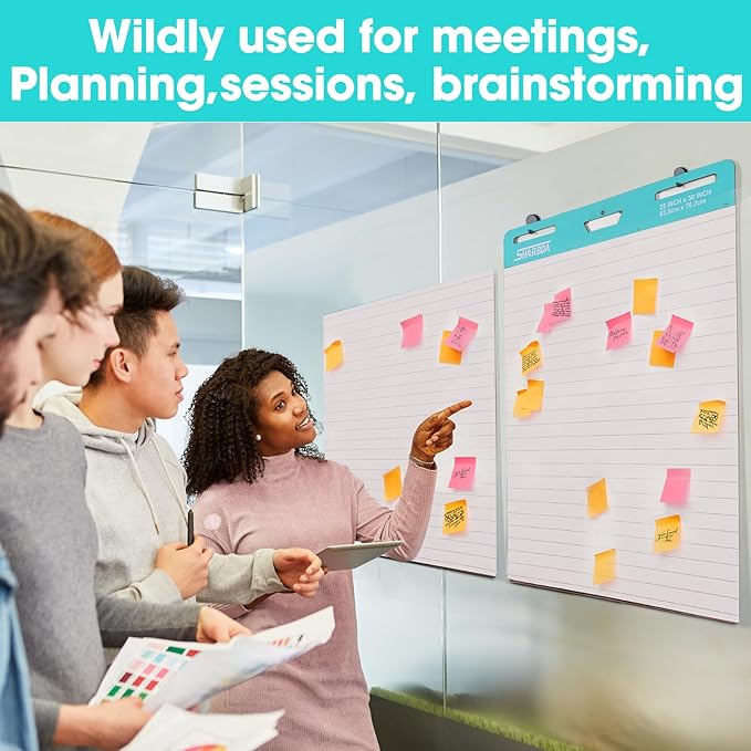 Lined Sticky Easel Pad, 25 in x 30 in,Flip Chart Paper,Sticky Chart Paper for Teachers, Large Self-Stick Easel Paper,Super Sticky & Bleed-Resistant,30 Sheets/Pad,10 Pads