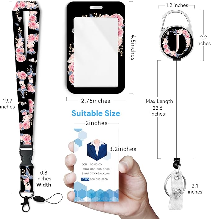 A-Z Badge Holder with Retractable Reel and Breakaway Lanyard Badge Clips Retractable Heavy Duty Badge Reel，Keychain，ID Holder with Breakaway Lanyard for School Nurse Office Teen J