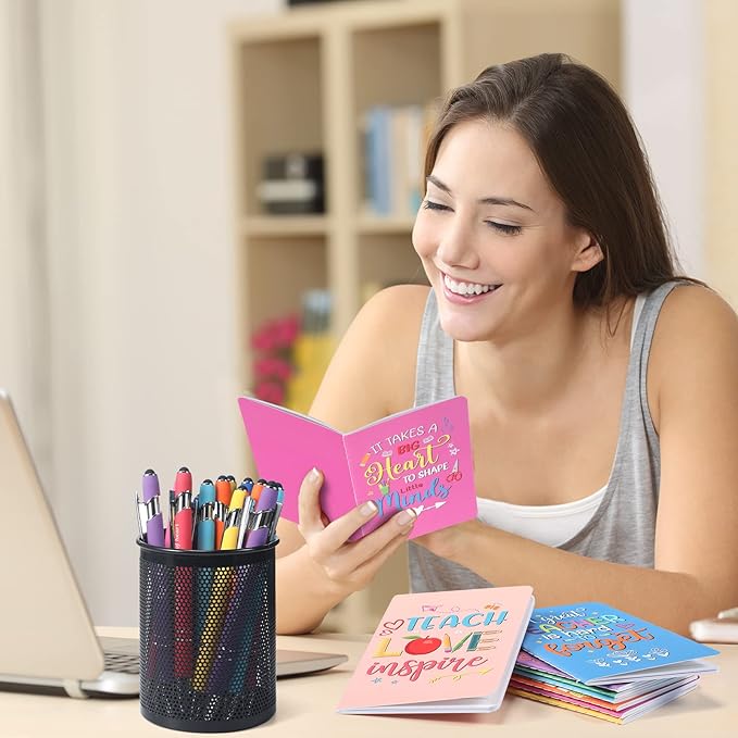 Funrous 32 Pcs Motivational Quote Pens Inspirational Notepads Mini Journal with Ballpoint Pen Small Notebooks Gift Set for Men Women Coworkers, Adult Party Favors Prizes Gift Bulk(Teacher)